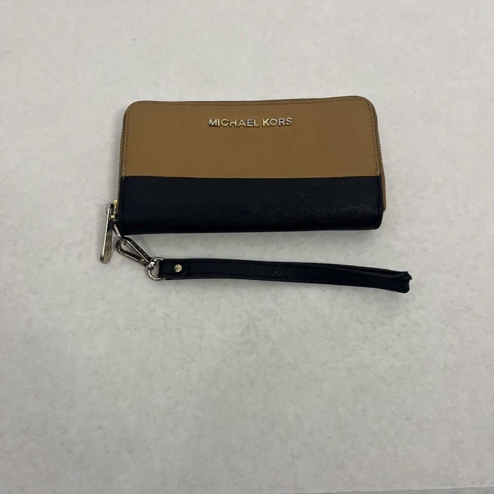 Michael Kors Tan and Black Leather Zip‑Around Wallet MK Logo Credit Card Holder